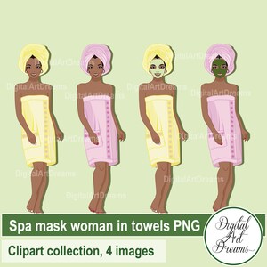 Clip art spa, Graphismes beauté, Clipart masque spa, Femmes afro-américaines, Images douces 16, Personnages mignons, Vêtements de peignoir, Scrapbook png