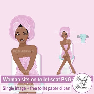 Toilet clipart, Vrouw zit op wc-bril, Spa graphics, Afro-Amerikaans karakter, Leuke illustratie png, Digitale printables, Badtijd