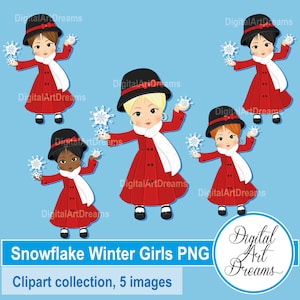 Winter Girls Clipart, Chica con copos de nieve, Lindos gráficos de Navidad, Imagen de vacaciones, Imprimibles para fiestas, Niñas pequeñas PNG, Imágenes prediseñadas de invierno