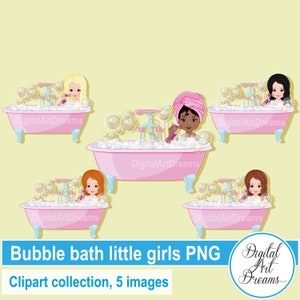 Clipart de baño de burbujas - Clipart de niña - Clipart de burbujas soplando - Diseño de personajes - Pompas de jabón - Imágenes de álbum de recortes - Arte imprimible