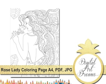 Rose Lady Coloring Page A4 Printable Pages For Adults No Stress Colouring Digital Art Dreams Complex Color PDF Instant Download