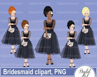 Bridesmaid clipart, cute characters, Bridesmaids png, Woman graphics, Wedding printables, Black dress image, Prom party clip art, Sweet 16