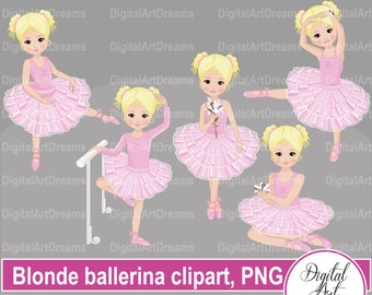 Ballerina clip art, dancing little girl, blonde ballerinas pink tutu, ballet class, cute characters, dance studio, digital art printables