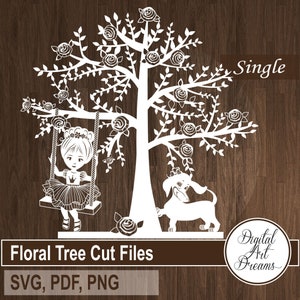 Corte SVG de árvore floral, modelo de corte de papel PDF, corte de papel para bebê, design cortável, clipart PNG para impressão, vetor de menina, arquivo de corte de cachorro
