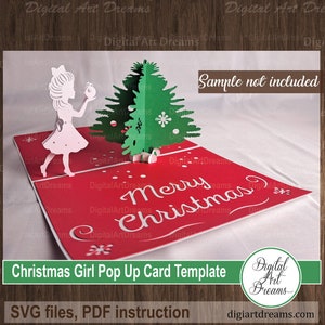 Kartka pop-up Christmas Girl SVG, Pliki szablonów, Kartki pop-up Christmas, Papercut Cricut, Plik do wycinania choinki, Instrukcje, Rękodzieło DIY