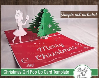 Tarjeta emergente Christmas Girl SVG, Archivos de plantilla, tarjetas emergentes de Navidad, Cricut cortado en papel, archivo cortado de árbol de Navidad, Instrucciones, manualidades de bricolaje