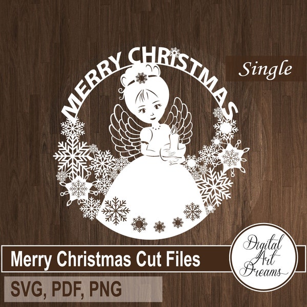 Merry Christmas SVG cut, Papercutting template PDF, Angel papercut, Cuttable design, PNG clipart printable, vector cutting File, Snowflakes