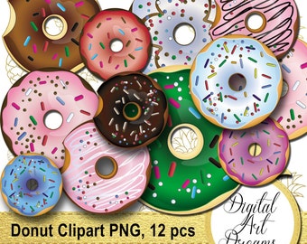 Donut Clipart, Doughnut Images, Donuts Clip Art PNG, Chocolate Pink Doughnuts, Digital Art, Instant Download, Bakery Graphics Printables
