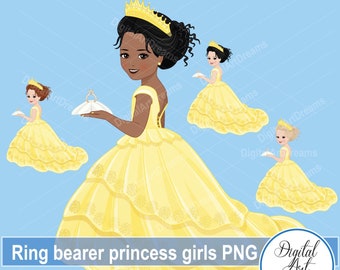 Girl ring bearer clipart, princess png, African American clipart, little girls graphics, cute characters clip art, yellow dress, printables