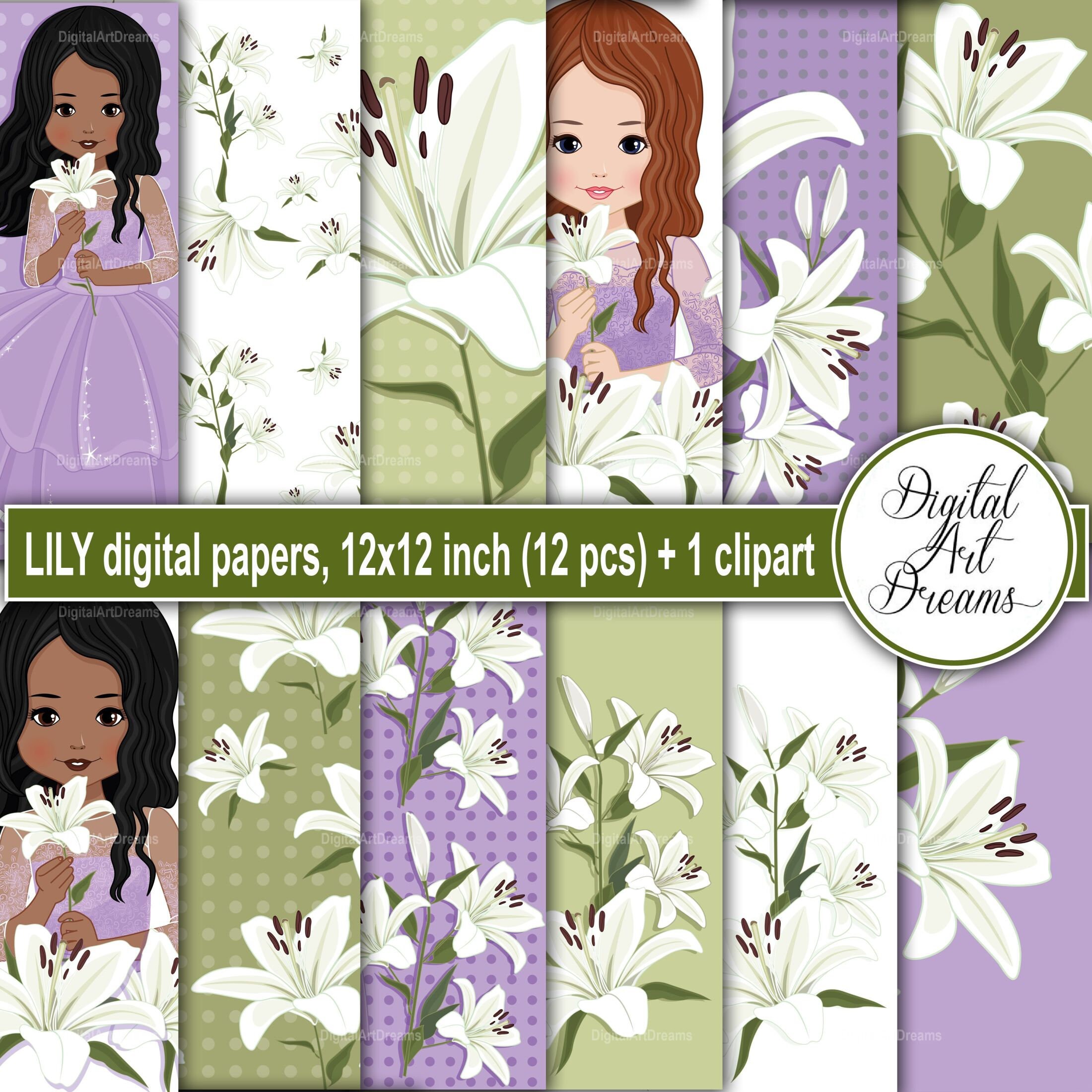 Floral Digital Papers, Lily Scrapbooking Paper, White Lilies Backgrounds for Invitations, Cards, Printables, Planners, Lilac Green Theme