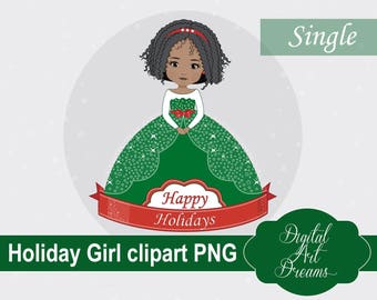 Holidays Girl PNG Clipart, African American Cutie, Holiday Graphics, Xmas Illustration, Instant Download, Cute Character, New Year Princess