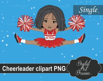 Cheerleader Clipart, Sports Graphics, African Camerican, Red Illustration, Football, Basketball, Commercial, School Characters, Cute Pom Pom