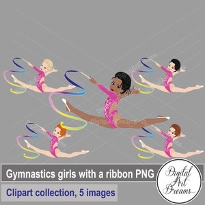Rhythmic gymnastics clip art, gymnastics with ribbon, little girls graphics, African American girl, cute characters, wall art printables png
