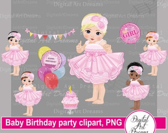 Birthday party clipart, 1st birthday clip art, Baby girl png, Cute characters, happy birthday, balloon image, scrapbooking, African American