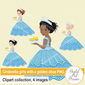 Clipart de Cenicienta, clip art de princesa, gráficos de niñas, personajes lindos, afroamericano, vestido azul, zapato dorado, imprimibles de fiesta