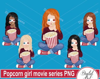 Popcorn clipart, little girls clip art, movie night, movies png, cute characters, African American girl, party printables, digital stickers