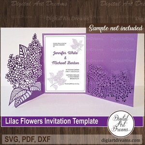 Lila bloemen uitnodiging sjabloon Cricut, Tri-fold en pocket verjaardag huwelijksuitnodigingen, Lasergesneden, SVG gesneden bestanden, Papercut DXF, PDF