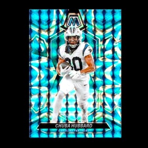 May include: A football trading card featuring Chuba Hubbard of the Carolina Panthers. The card has a mosaic design with a blue and white background. Hubbard is wearing a white uniform with the number 30.