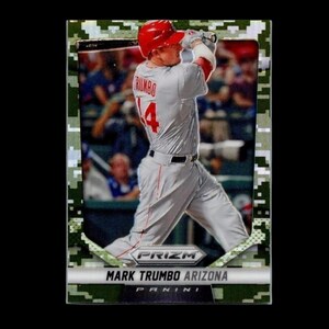 May include: A baseball card featuring Mark Trumbo of the Arizona Diamondbacks in a batting stance. He wears a red helmet and jersey with the number 14. The card has a green camouflage border and the Prizm and Panini logos.