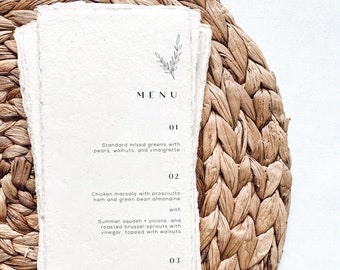 Printed wedding menus on hand made paper for a modern wedding reception