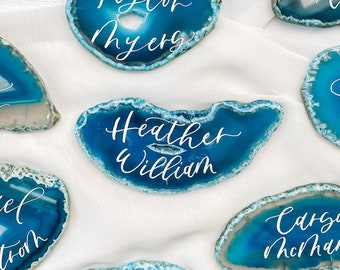 Blue Agate Place Cards calligraphy for Wedding reception - Blue agate place card coaster calligraphy - blue agate calligraphy place cards,