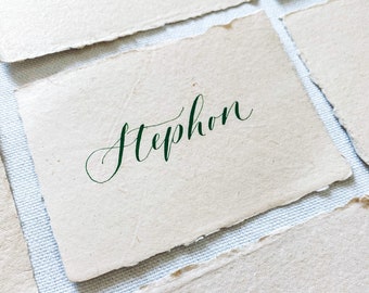 Emerald Green calligraphy place cards on hand made paper, Calligraphy Place Card on Handmade Paper, deckled edge, Emerald Wedding Place Card