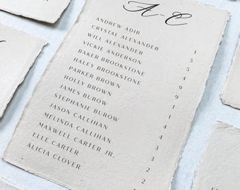 Emily Collection - Alphabetical order seating chart cards - handmade paper seating chart - wax seal friendly on mirror