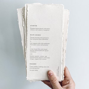 The Alexander Collection: Printed wedding menus on handmade paper for a modern wedding reception or rehearsal dinner