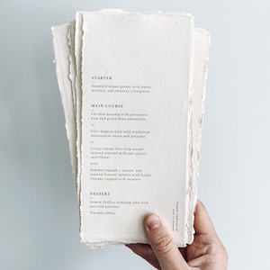 The Alexander Collection: Printed wedding menus on handmade paper for a modern wedding reception or rehearsal dinner