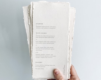 Minimalist and modern Printed wedding menus on handmade paper