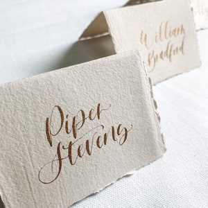 Calligraphy Tented Place Cards, Handmade paper tented cards , Cotton Rag tented card calligraphy, Gold Wedding Place Cards image 6