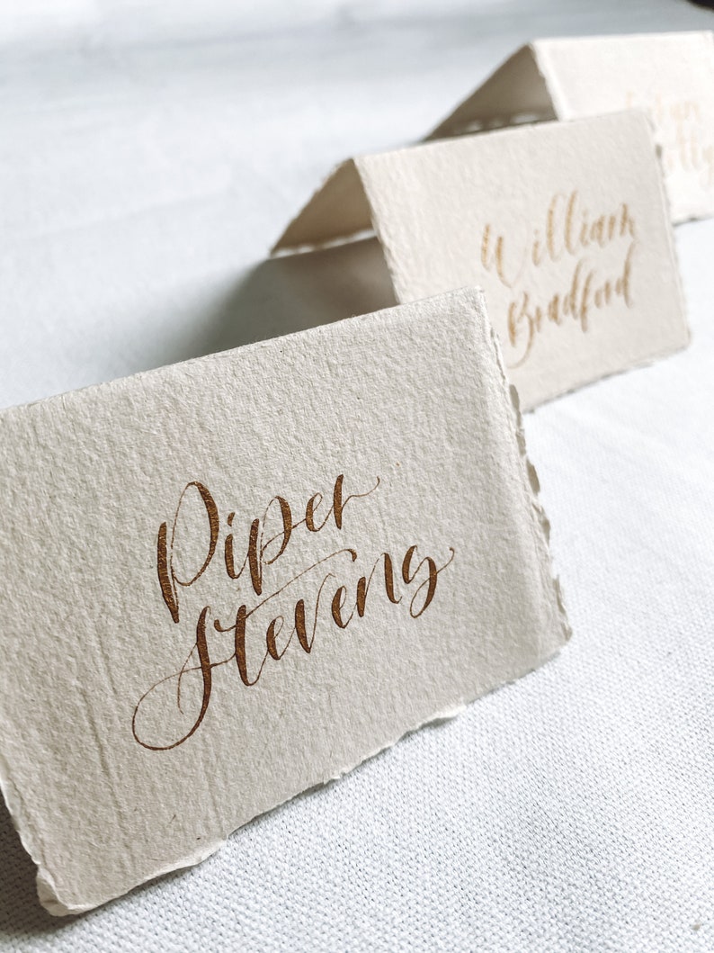 Calligraphy Tented Place Cards, Handmade paper tented cards , Cotton Rag tented card calligraphy, Gold Wedding Place Cards image 6