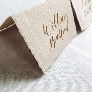 Calligraphy Tented Place Cards, Handmade paper tented cards , Cotton Rag tented card calligraphy, Gold Wedding Place Cards image 3