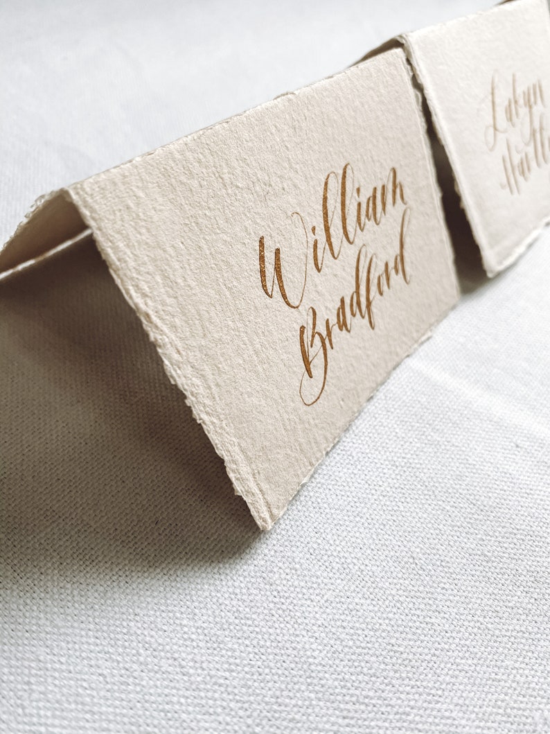 Calligraphy Tented Place Cards, Handmade paper tented cards , Cotton Rag tented card calligraphy, Gold Wedding Place Cards image 3