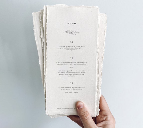 The Emily Collection: Printed wedding menus on handmade paper for a modern wedding reception or rehearsal dinner