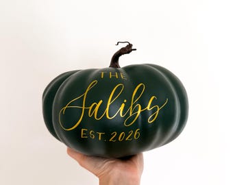 Large Green Personalized Family Pumpkin Table Centerpiece Hand written calligraphy