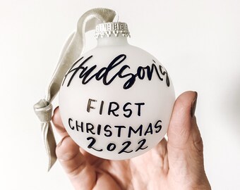 Babys First Christmas Ornament, Hand painted glass milestone ornament, Baby's first Ornament, Personalized Family Christmas ornament