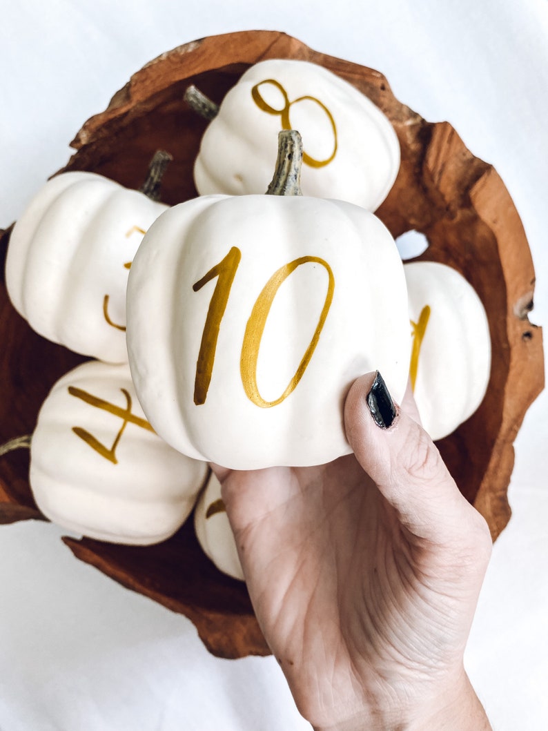 Small Personalized Pumpkin table numbers, Fall Wedding table numbers, white pumpkin table setting fall centerpiece, pumpkin table numbers image 2