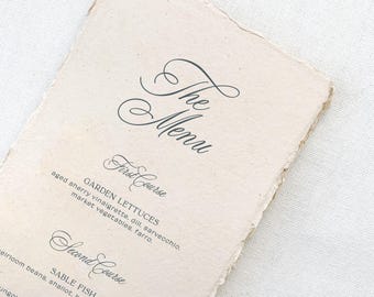 Printed Hand Made paper wedding menu with Deckled Edges