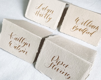 Calligraphy Tented Place Cards, Handmade paper tented cards , Cotton Rag tented card calligraphy, Gold Wedding Place Cards