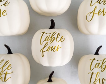 Small Personalized Pumpkin table numbers, Fall Wedding table numbers, white pumpkin table setting fall centerpiece, pumpkin table numbers