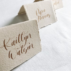 Calligraphy Tented Place Cards, Handmade paper tented cards , Cotton Rag tented card calligraphy, Gold Wedding Place Cards image 7