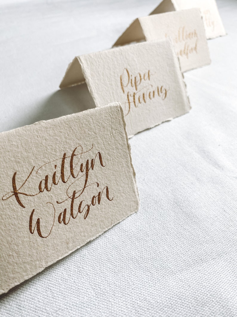 Calligraphy Tented Place Cards, Handmade paper tented cards , Cotton Rag tented card calligraphy, Gold Wedding Place Cards image 7