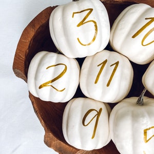May include: A wooden bowl filled with white pumpkins, each with a gold number painted on it. The numbers are 1, 2, 3, 5, 9, 11.