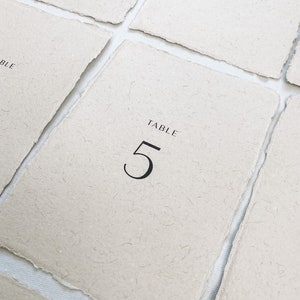 May include: Five table number cards with a rustic, textured paper finish. The cards are labeled "TABLE" and numbered 1, 2, and 5.