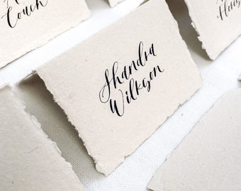 Calligraphy Tented Place Cards, Handmade paper tented cards , Cotton Rag tented card calligraphy, Gold or Black Wedding Place Cards