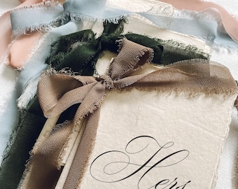 Harper Collection - Handmade paper wedding vow books bound by ribbon with frayed edges, His and Hers Vow Booklets on handmade paper