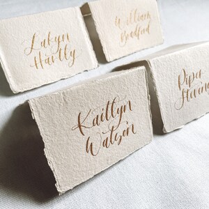 Calligraphy Tented Place Cards, Handmade paper tented cards , Cotton Rag tented card calligraphy, Gold Wedding Place Cards image 2