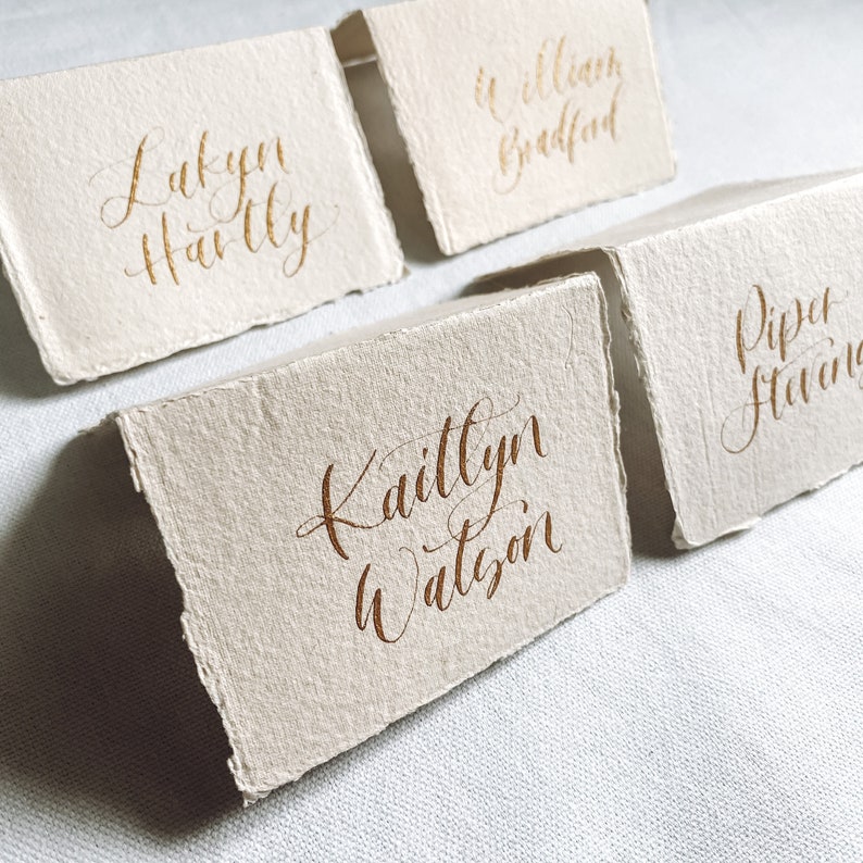 Calligraphy Tented Place Cards, Handmade paper tented cards , Cotton Rag tented card calligraphy, Gold Wedding Place Cards image 2