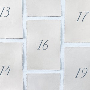 May include: Five off-white paper squares with numbers 13, 14, 16, 17, and 19 written on them.